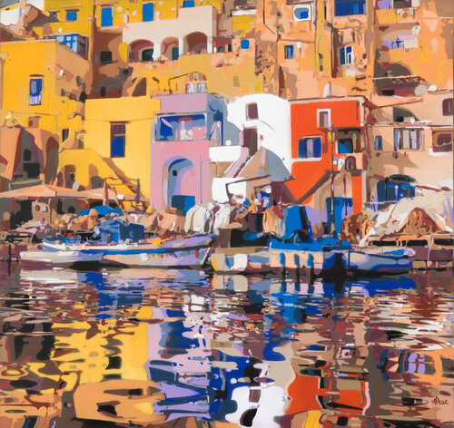 Houses and reflections by Marco Barberio, Painting for Sale on Select