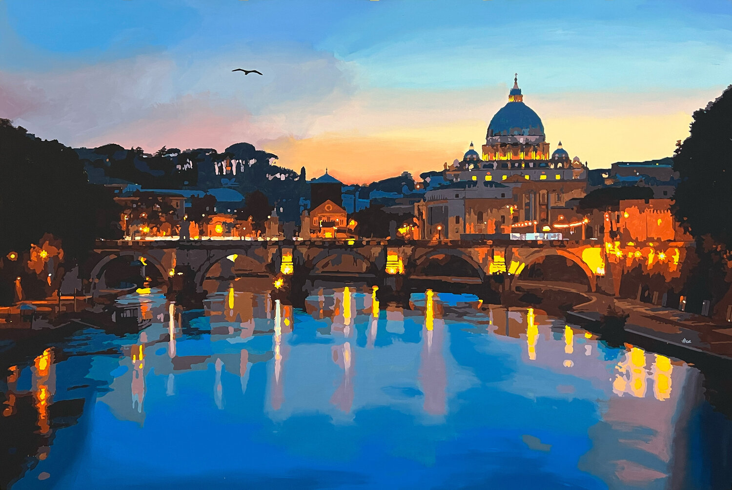 Rome at Sunset: A View from Ponte Sant'Angelo Marco Barberio Original painting for sale