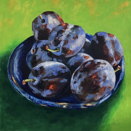 Prugne e ciotola blu by Carmelo Margarone, Painting for Sale on Select