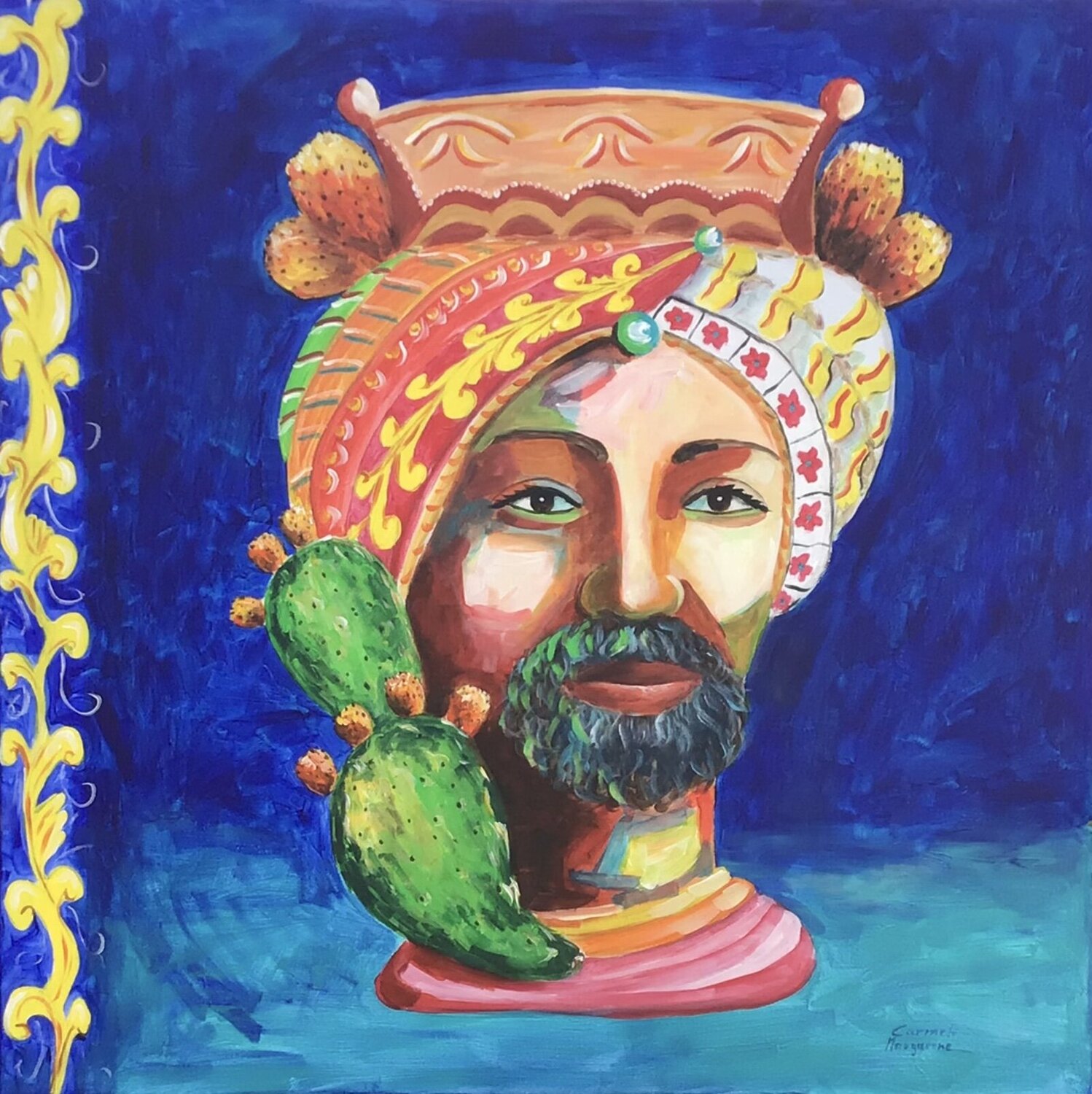 Teste di Moro con fichi d'india Carmelo Margarone Original painting for sale