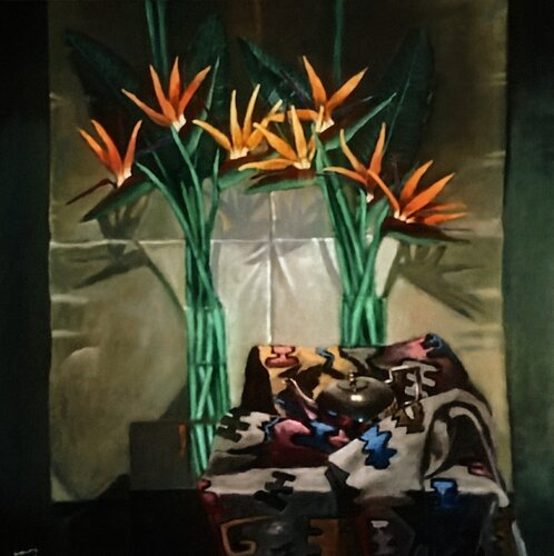 Strelitzias II con manto latinoamericano by Fabián Sabbadin, Painting for Sale on Select