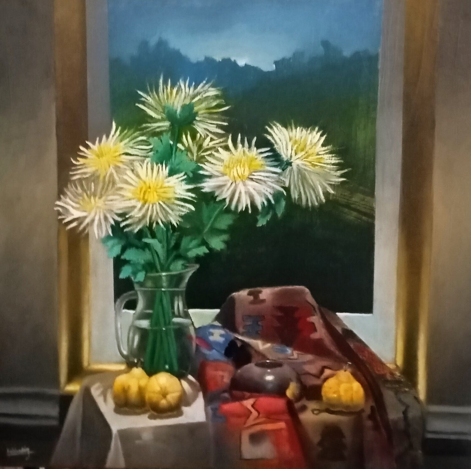 Composición con crisantemos y manto Inca Fabián Sabbadin Original painting for sale