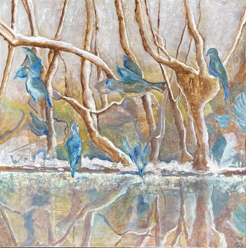 Bluebirds at the Winterlake by Andrea Grube, Painting for Sale on Select