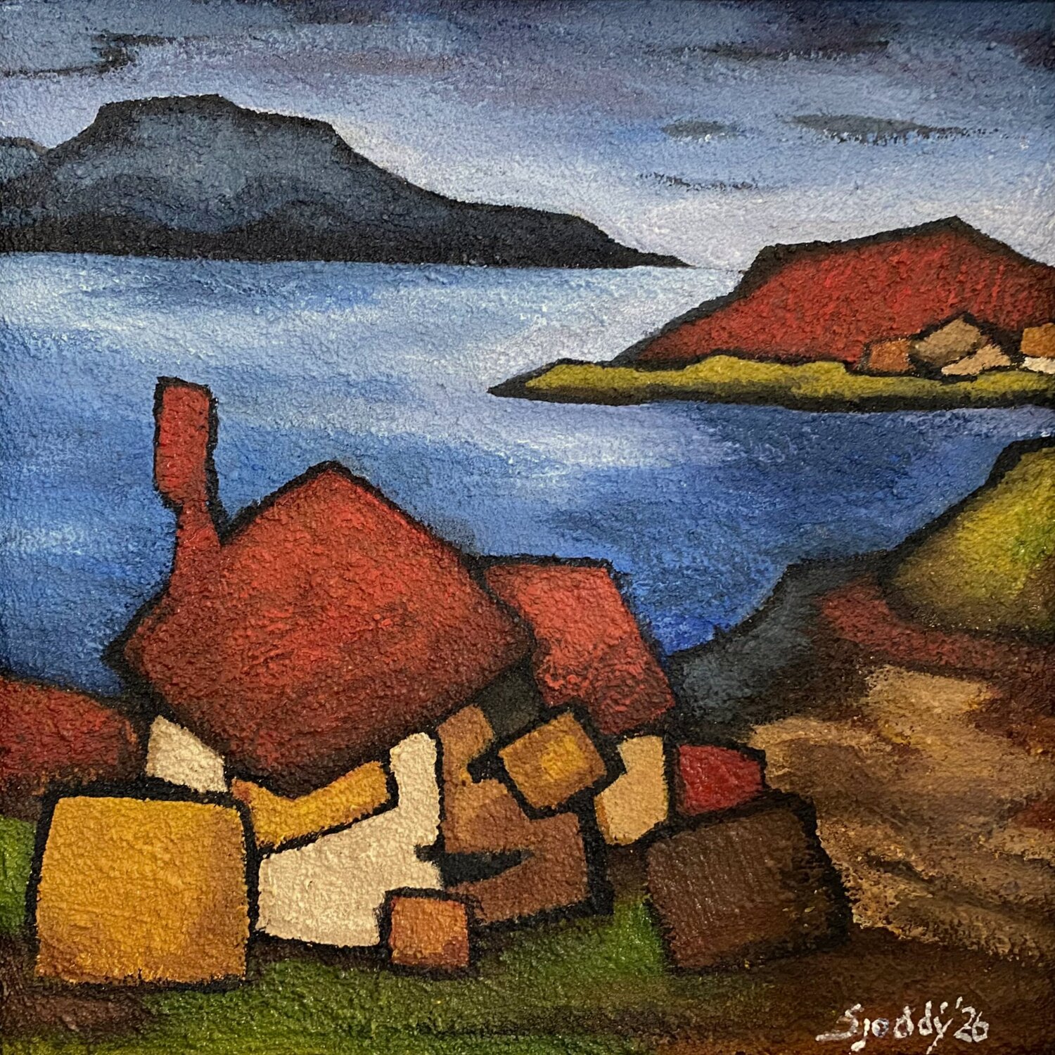 The Fjord & the Red Mountain Sjoddy Original painting for sale