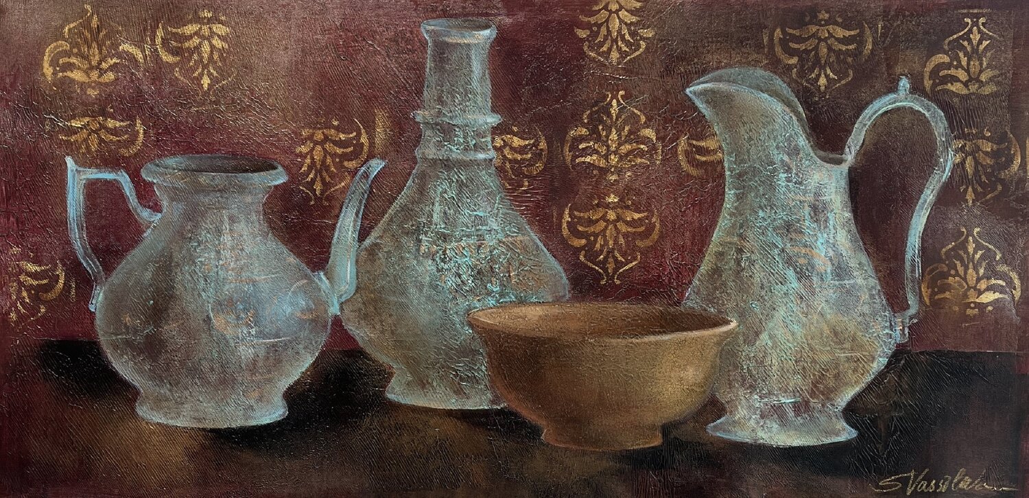 Copper Pots and Terracotta Bowl Silvia Vassileva Original painting for sale