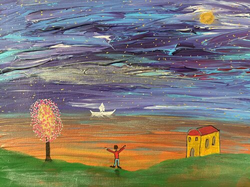 Der kleine Traumfänger und das Schiff der Abendsterne by Steven Elijah Neuhaus, Painting for Sale on Select