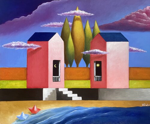 In riva al mare: due barchette solitarie by Maria Carmen Salis, Painting for Sale on Select