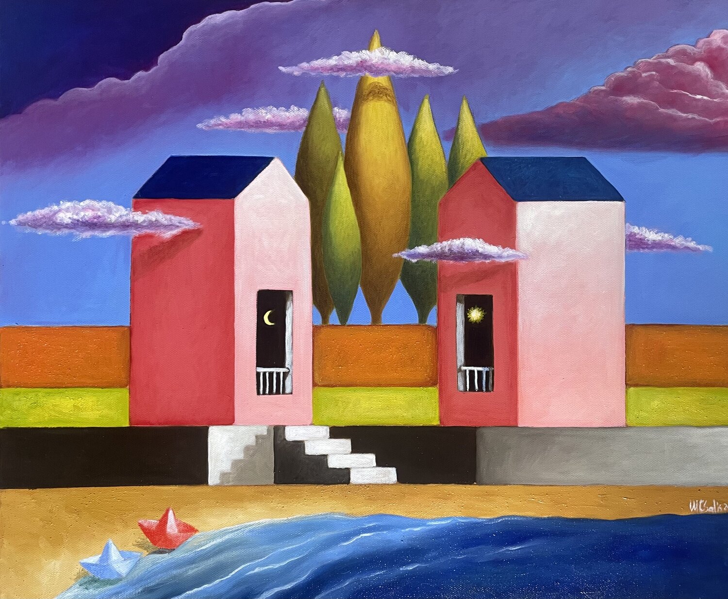 In riva al mare: due barchette solitarie Maria Carmen Salis Original painting for sale
