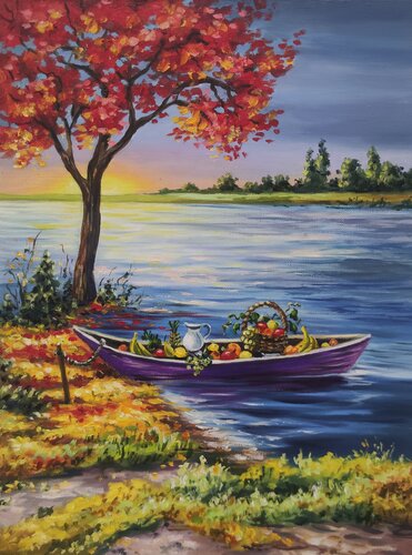 Oil Painting Boat of Abundance Premium Landscape Sunset by the Water by Evgeniya Duvakina, Painting for Sale on Select