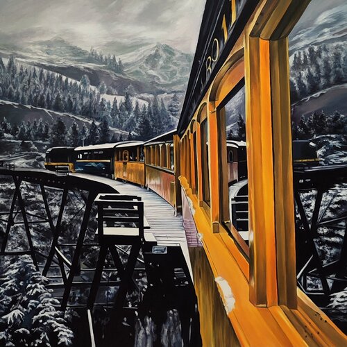 Oil Painting Train in the Mountains Premium Landscape by Evgeniya Duvakina, Painting for Sale on Select