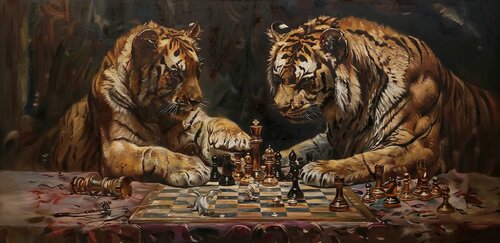 Oil Painting: "Tigers at the Chessboard" — An Exclusive Narrative by Evgeniya Duvakina, Painting for Sale on Select