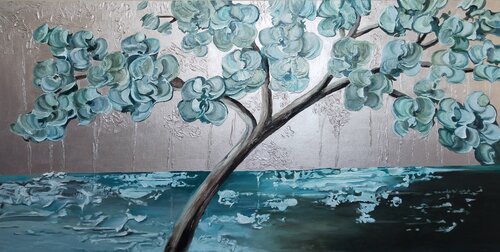 Oil Painting Turquoise Tree Above Water Premium Quality by Evgeniya Duvakina, Painting for Sale on Select
