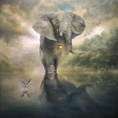 Oil Painting Big Elephant Exclusive Scene by Evgeniya Duvakina, Painting for Sale on Select