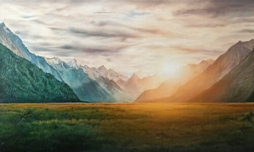 Oil painting “Dawn in the Mountains” — premium quality by Evgeniya Duvakina, Painting for Sale on Select