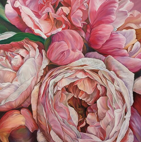 Exclusive Original Oil Painting "Peony Symphony" – Luxurious Blooms in Premium Collectible Fine Art by Evgeniya Duvakina, Painting for Sale on Select