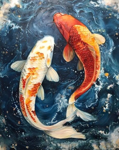 Exclusive Original Oil Painting "The Courtship Dance of Koi" – A Luxurious Symbol of Prosperity and Harmony in Premium Gallery Fine Art by Evgeniya Duvakina, Painting for Sale on Select