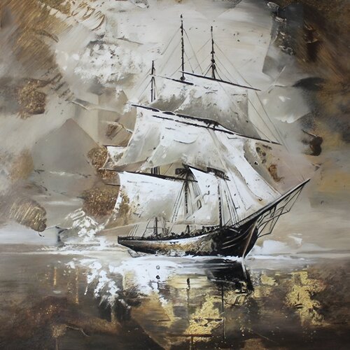 Exclusive Original Oil Painting "Golden Wind of Wanderlust" – A Luxurious Sailing Ship in Premium Collectible Gallery Fine Art by Evgeniya Duvakina, Painting for Sale on Select