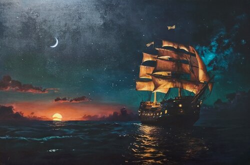 Exclusive Original Oil Painting "Master of the Oceans" – A Majestic Sailing Ship in Luxurious Collectible Fine Art by Evgeniya Duvakina, Painting for Sale on Select