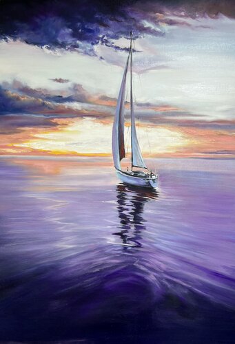 Unique Original Oil Painting "Purple Horizon" – A Luxurious Sailing Yacht in Premium Gallery Fine Art by Evgeniya Duvakina, Painting for Sale on Select
