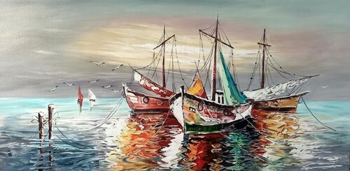 Museum-Quality Original Oil Painting "Harbor at Sunset" – An Atmospheric Seascape for Fine Art Collectors by Evgeniya Duvakina, Painting for Sale on Select