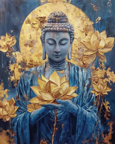 Premium Oil Painting "Golden Enlightenment" – A Majestic Buddha in Museum-Quality Contemporary Gallery Fine Art by Evgeniya Duvakina, Painting for Sale on Select