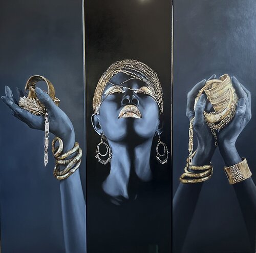 Triptych “Gold of the Gaze” — a contemporary composition exploring beauty, style, and inner strength by Evgeniya Duvakina, Painting for Sale on Select