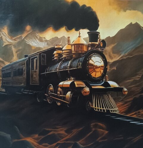 Oil Painting “The Steel Age of Travel” — a dynamic landscape with the spirit of a bygone era by Evgeniya Duvakina, Painting for Sale on Select