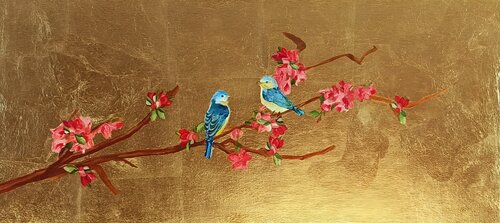 Beautiful Painting “Spring in Golden Radiance” — a Composition with Birds and Blossoming Sakura by Evgeniya Duvakina, Painting for Sale on Select