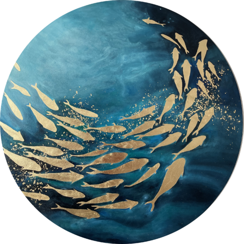 Original Round Oil Painting "Golden Flow" — A Contemporary Abstract Inspired by the Energy of the Ocean by Evgeniya Duvakina, Painting for Sale on Select