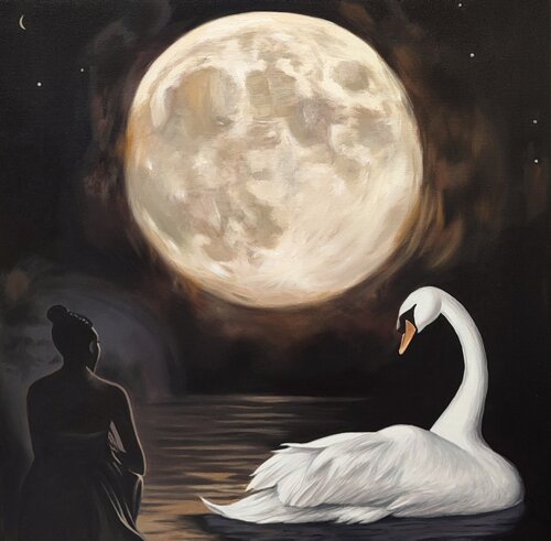 Exclusive Oil Painting "Moonlit Serenity" — A Romantic Composition Featuring a White Swan by Evgeniya Duvakina, Painting for Sale on Select
