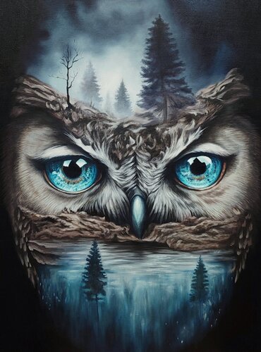Art Painting "The Gaze of the Forest" — A Mystical Composition Featuring the Image of a Wise Owl by Evgeniya Duvakina, Painting for Sale on Select