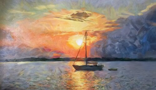 Interior Painting "Sunset Over the Water" — A Painterly Symphony of Light, Color, and Freedom by Evgeniya Duvakina, Painting for Sale on Select