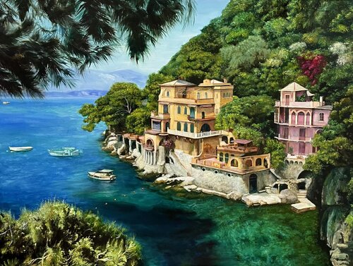 Premium Oil Painting “The Azure Pearl of the Coast” — A Luxurious Mediterranean Landscape of Museum-Quality Craftsmanship by Evgeniya Duvakina, Painting for Sale on Select