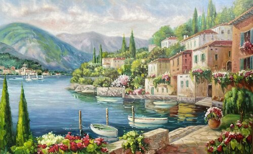 Exclusive Oil Painting “Azure Bay of Eternal Spring” — A Luxurious Coastal Landscape in Contemporary Gallery Art by Evgeniya Duvakina, Painting for Sale on Select