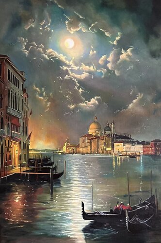 Oil Painting “Moonlit Symphony of Venice” — A Museum-Quality Romantic Cityscape by Evgeniya Duvakina, Painting for Sale on Select