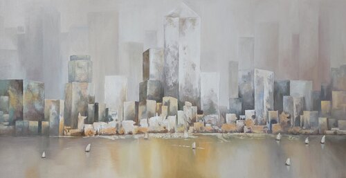 Unique Oil Painting “City of Light and Reflections” — Contemporary Interior Art in a Refined Minimalist Palette by Evgeniya Duvakina, Painting for Sale on Select