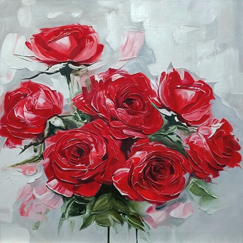 “Velvet Garden” — An Expressive Oil Painting of Red Roses by Evgeniya Duvakina, Painting for Sale on Select