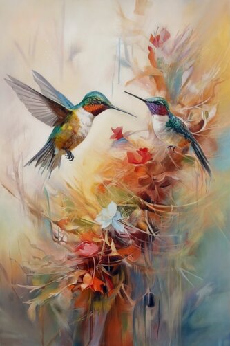 “A Dialogue in Flight” — an original oil painting featuring two hummingbirds in an expressive style by Evgeniya Duvakina, Painting for Sale on Select