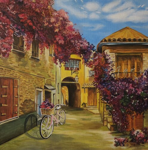 “Blooming Courtyard” — The Warmth of a Southern Town by Evgeniya Duvakina, Painting for Sale on Select