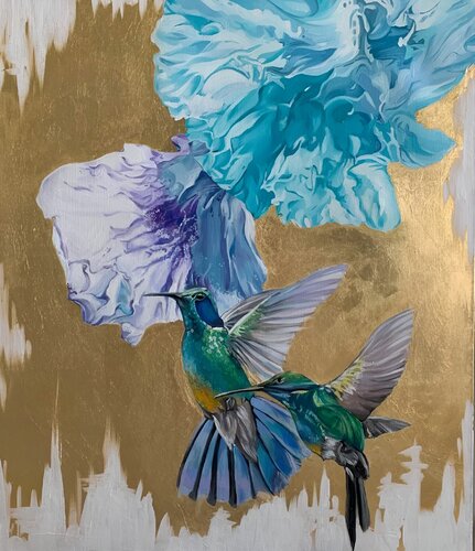 “Flight Through Flowers” — Original Oil Painting with a Hummingbird and Irises by Evgeniya Duvakina, Painting for Sale on Select