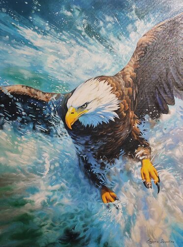 “Rushing Current” — Expressive Oil Painting Featuring a Soaring Eagle von Evgeniya Duvakina, Malerei kaufen auf Select