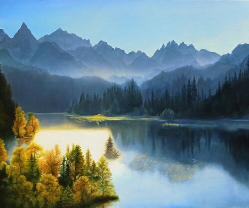 “Golden Stillness of the Mountains” von Evgeniya Duvakina, Malerei kaufen auf Select