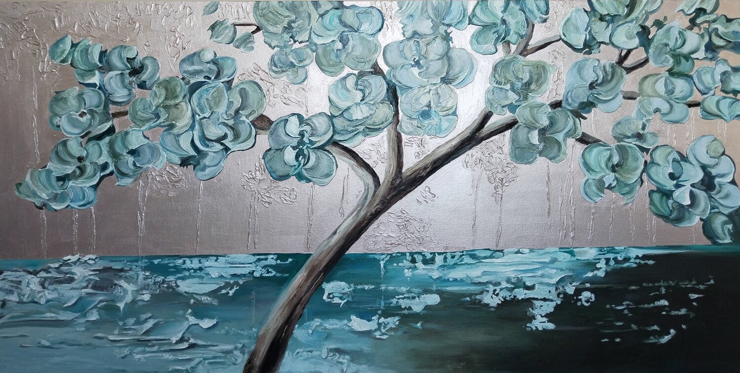 Oil Painting Turquoise Tree Above Water Premium Quality Evgeniya Duvakina Original painting for sale