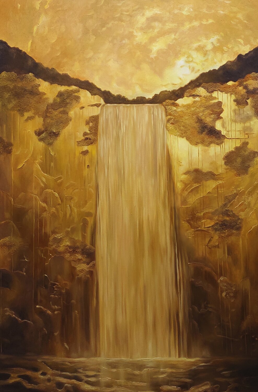 Oil Painting Golden Waterfall Energy of Flow Premium Evgeniya Duvakina Original painting for sale