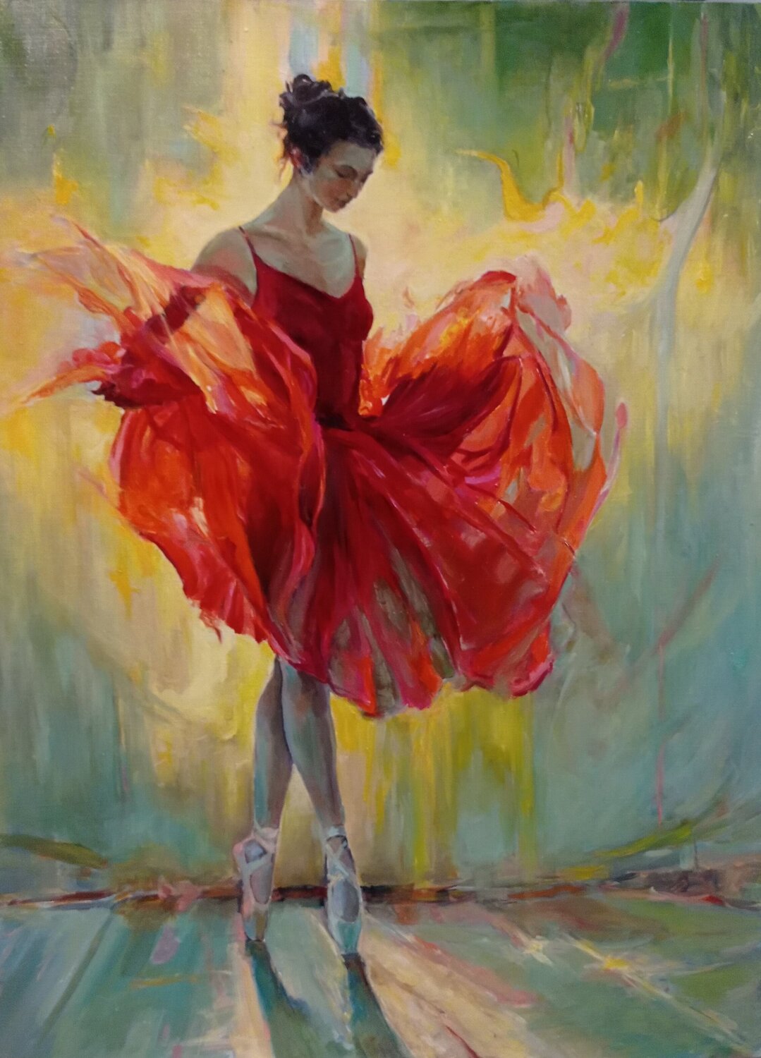 Taste of movement and passion: oil painting “Ballerina Dance in Red”.