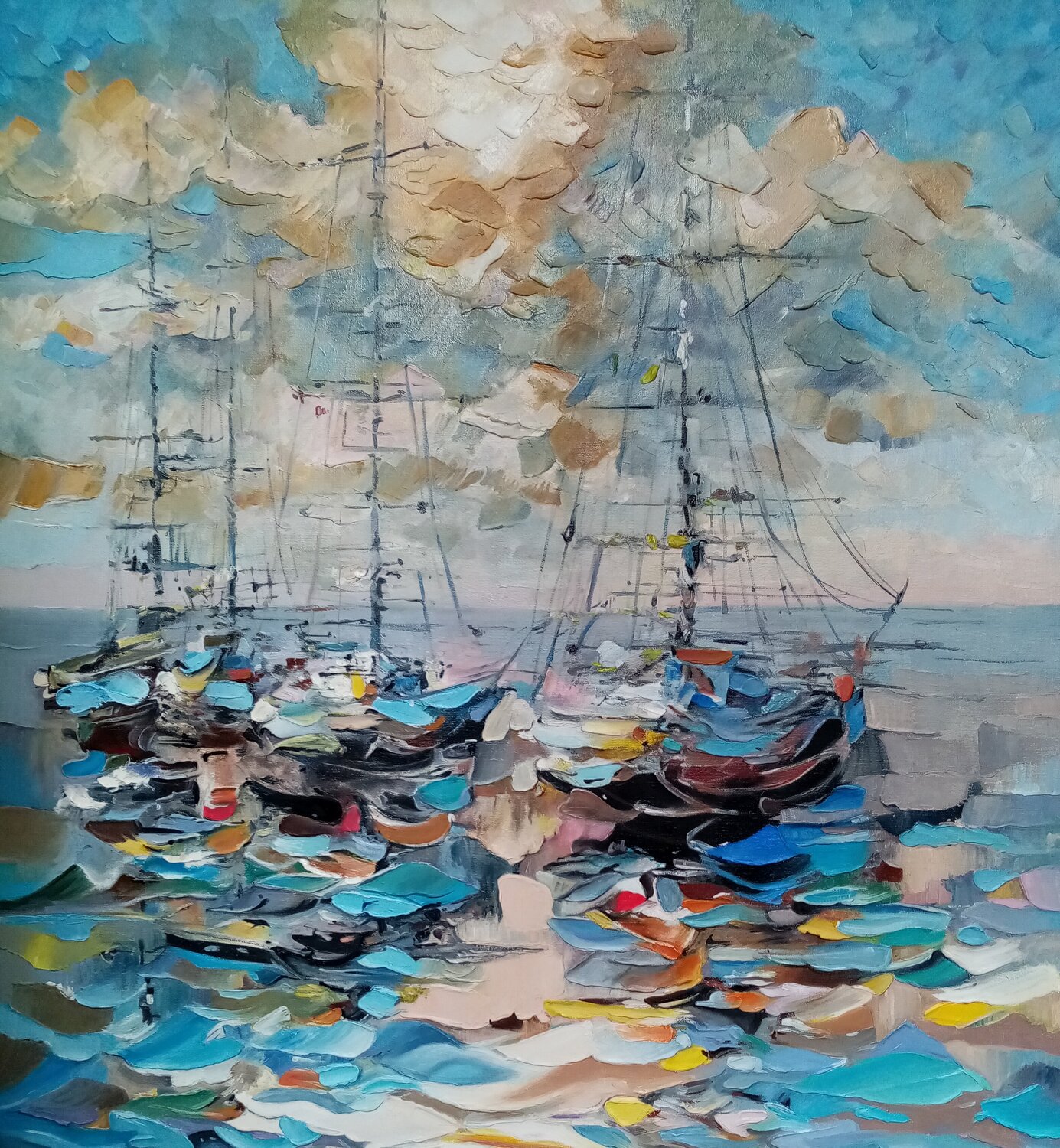 Collectible Original Oil Painting "Azure Harbor of Dreams" – Luxurious Yachts in Contemporary Gallery Fine Art Evgeniya Duvakina Original painting for sale