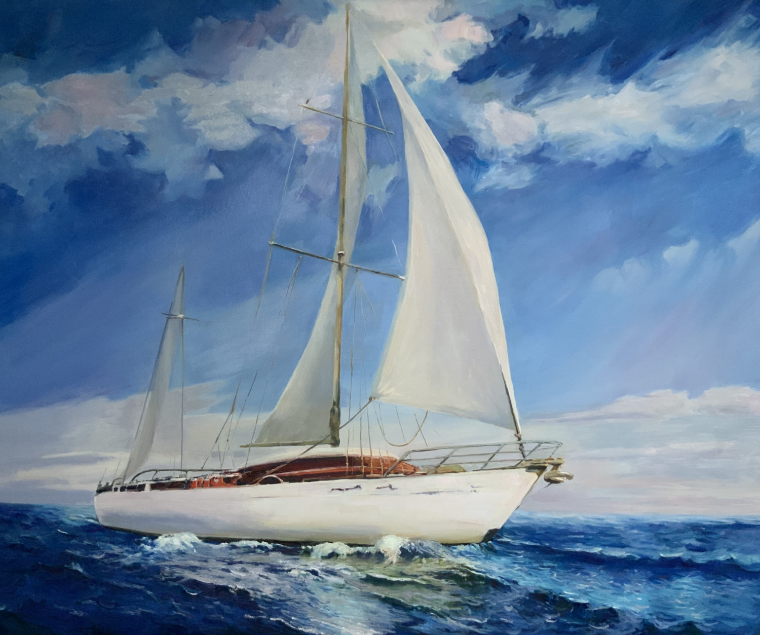 Premium Original Oil Painting "White Wind of the Ocean" – An Elegant Yacht in Collectible Marine Fine Art Evgeniya Duvakina Original painting for sale