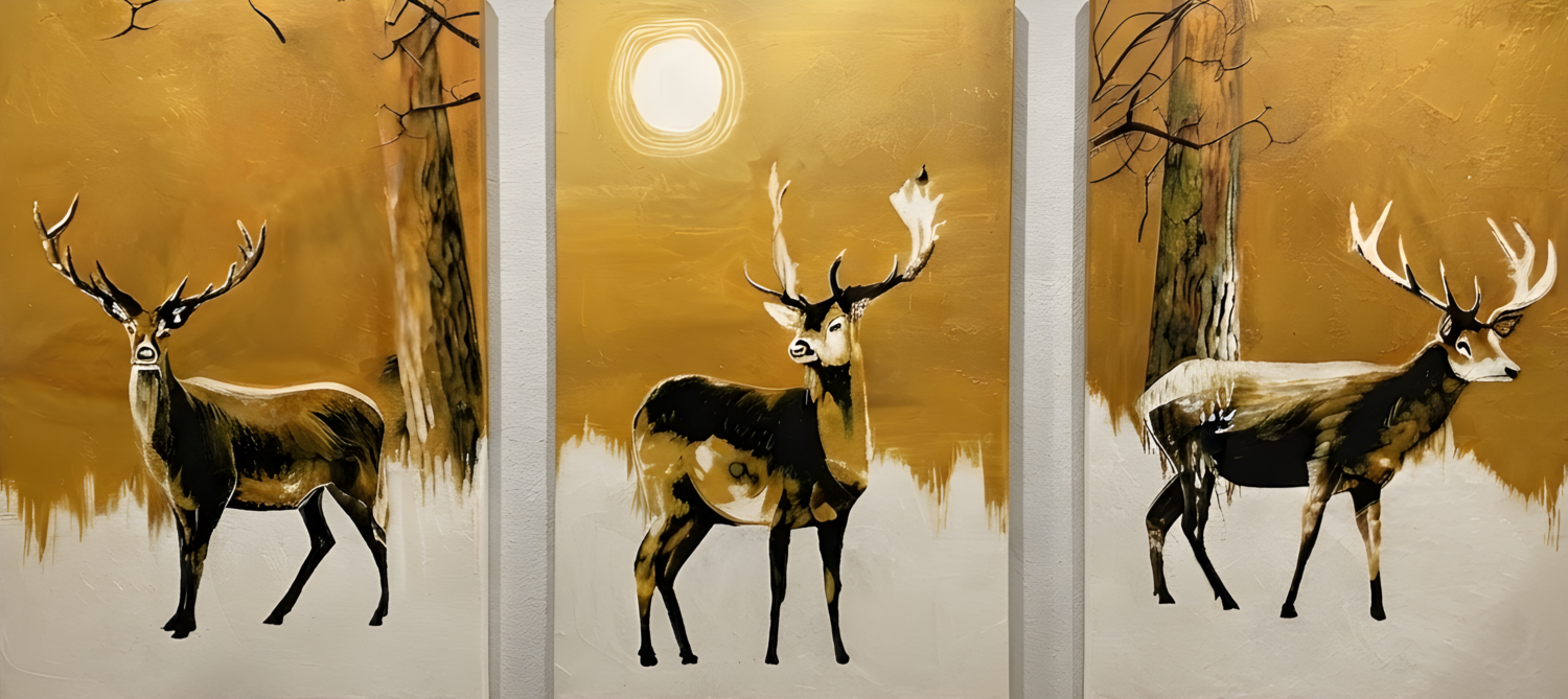 Triptych “Deer Under the Golden Sky” — a symbolic composition about nature and eternal beauty Evgeniya Duvakina Original painting for sale