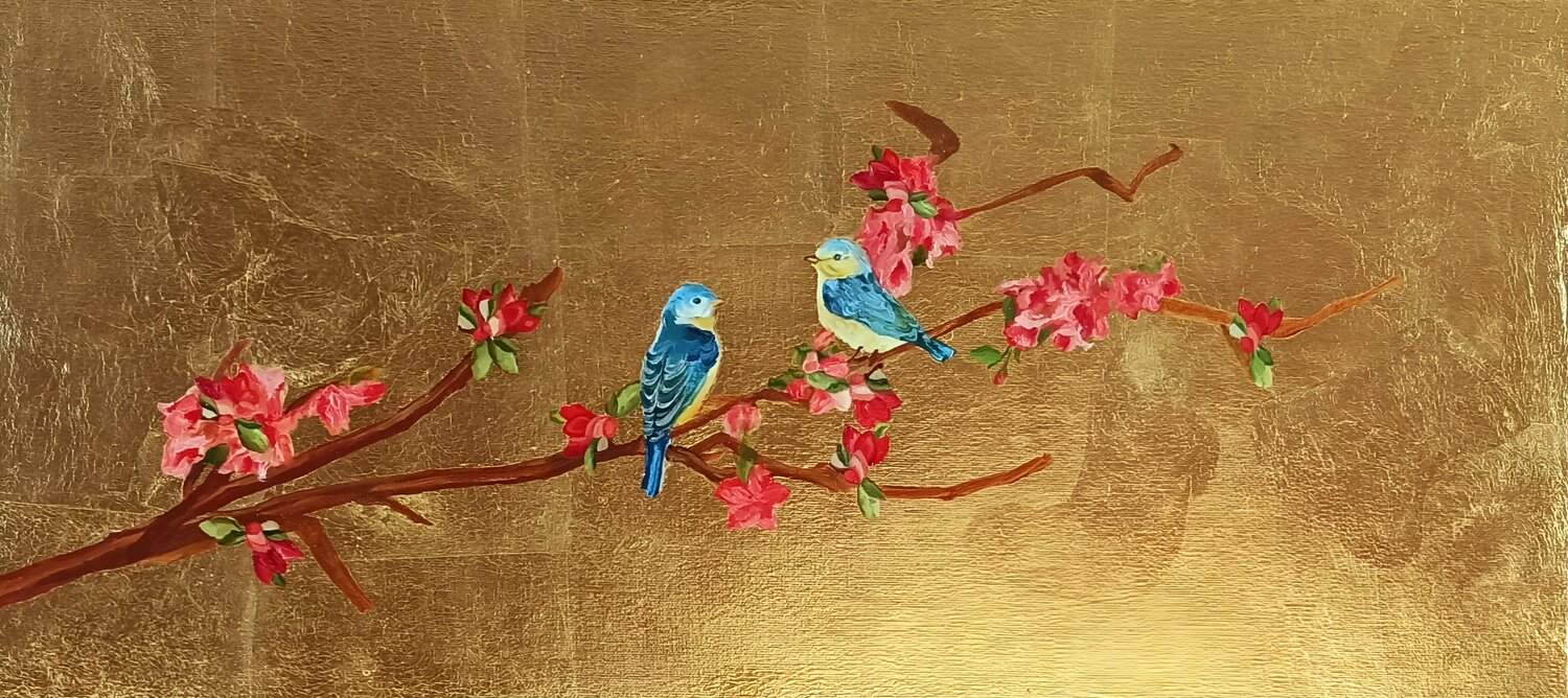 Beautiful Painting “Spring in Golden Radiance” — a Composition with Birds and Blossoming Sakura Evgeniya Duvakina Original painting for sale