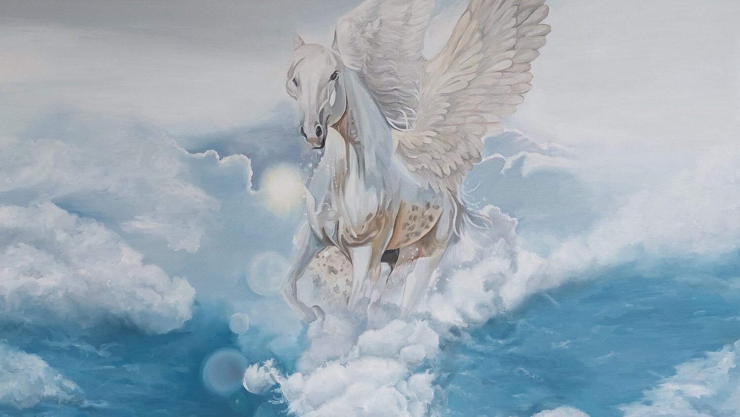 “The Celestial Guardian” — an original oil painting featuring a winged horse among the clouds Evgeniya Duvakina Original painting for sale